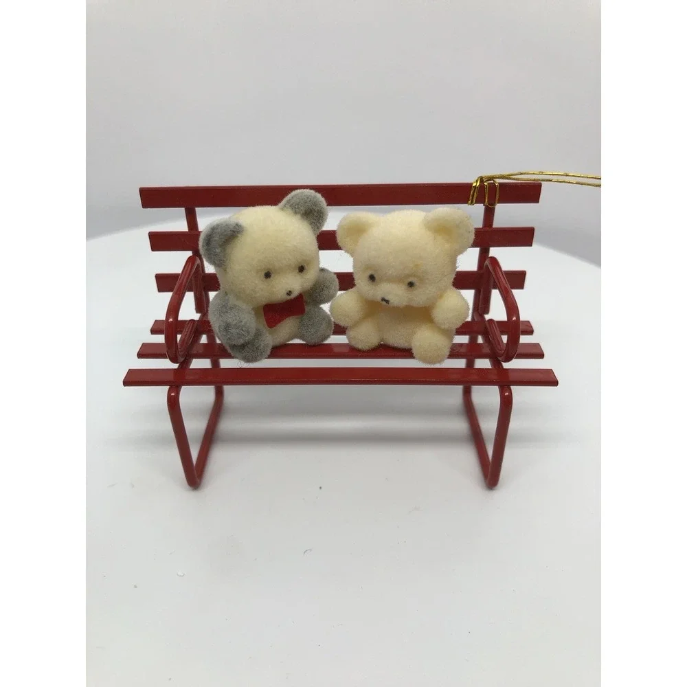 Vintage Russ Berrie & Co Red Metal Bench with 2 Bears Christmas‎ Ornament